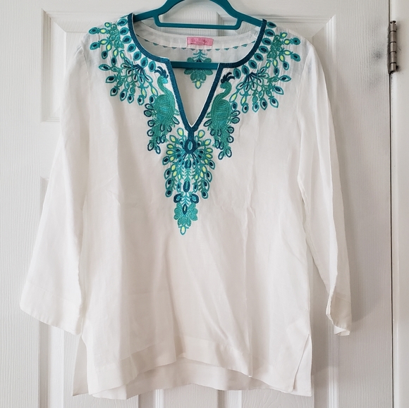 Lilly Pulitzer Tops - Lilly Pulitzer Peacock Embroidered Linen Tunic